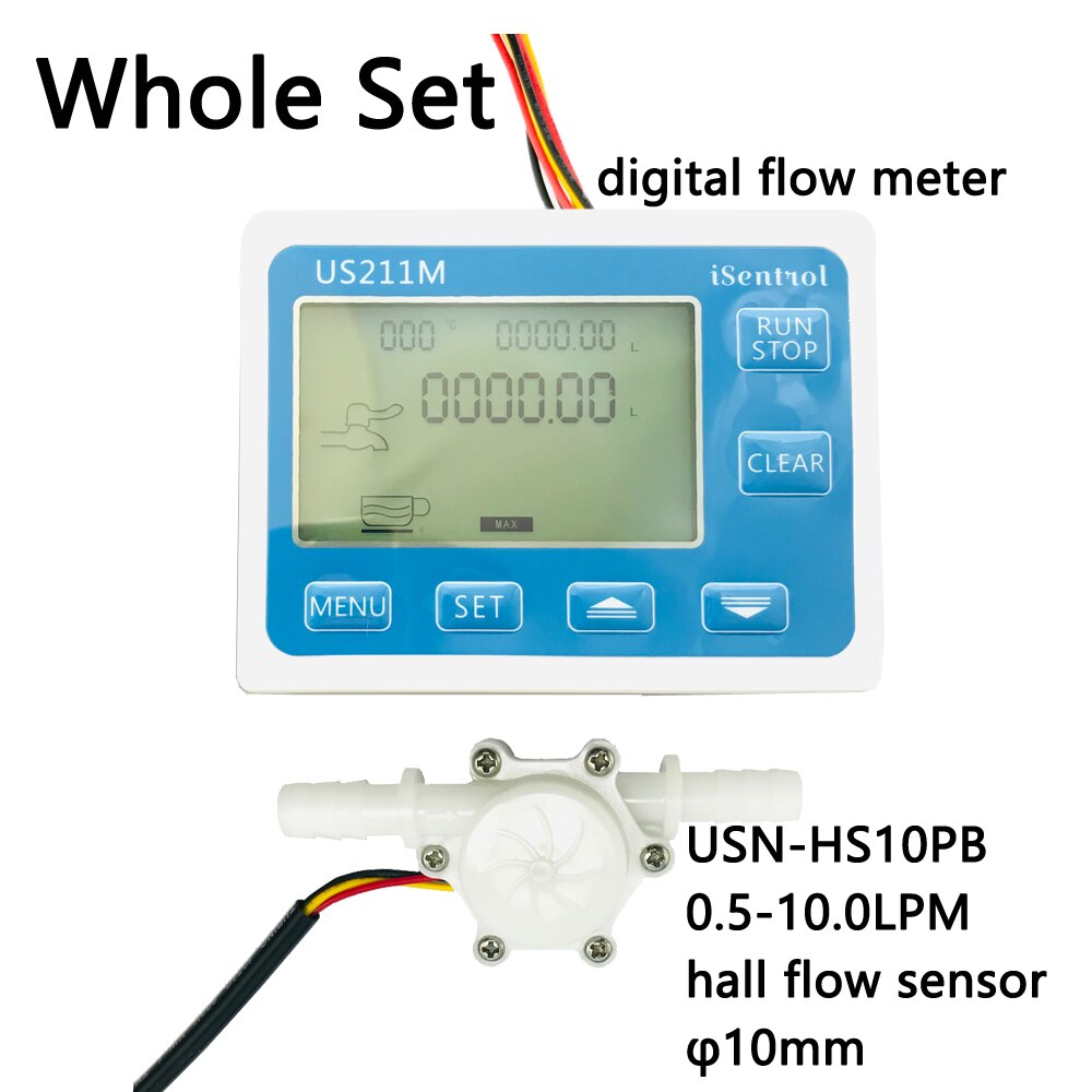 US211M Flow Meter Display with USN-HS10PB Hall Flow Sensor Measurement 0.5-10L/min Range 10mm OD hose barb iSentrol Saier