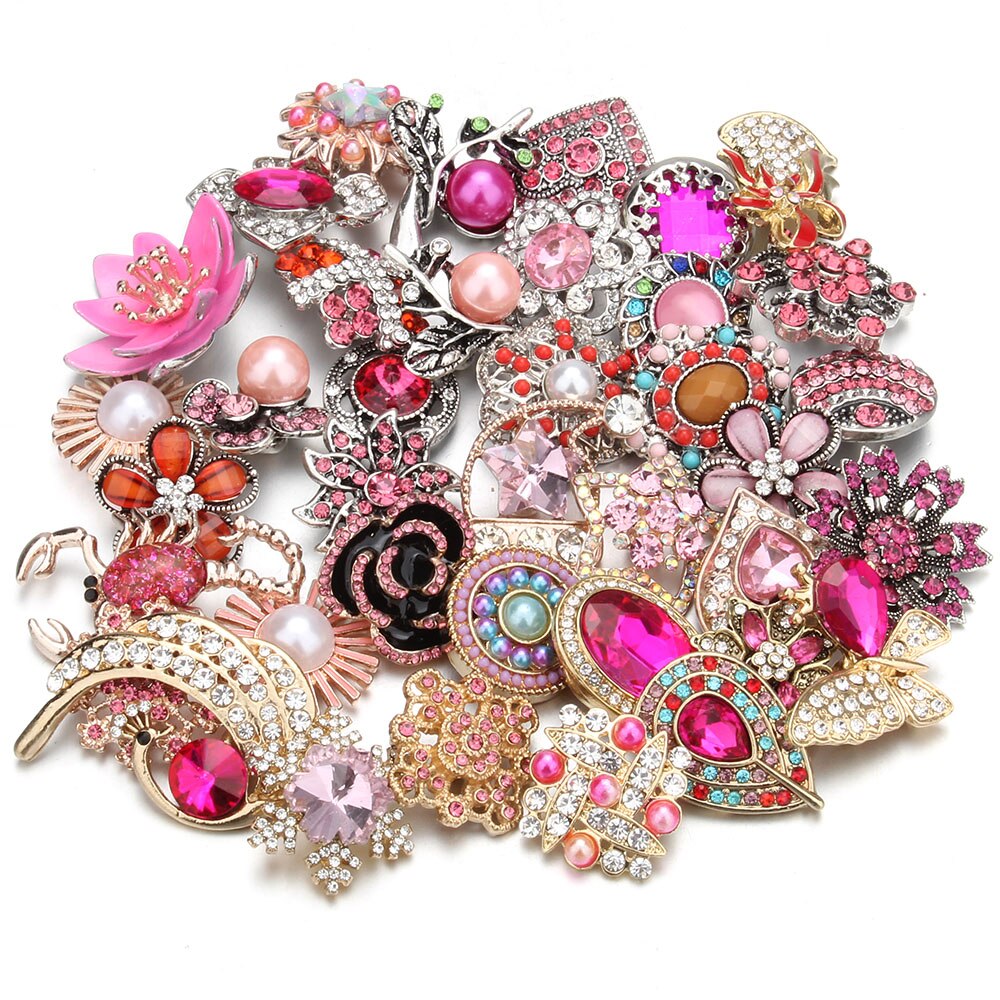 10 pz/lotto all'ingrosso Snap gioielli MIX metallo scatta strass fiore 18mm bottoni a pressione misura in pelle Snap braccialetto del braccialetto: gold-silver (Pink)