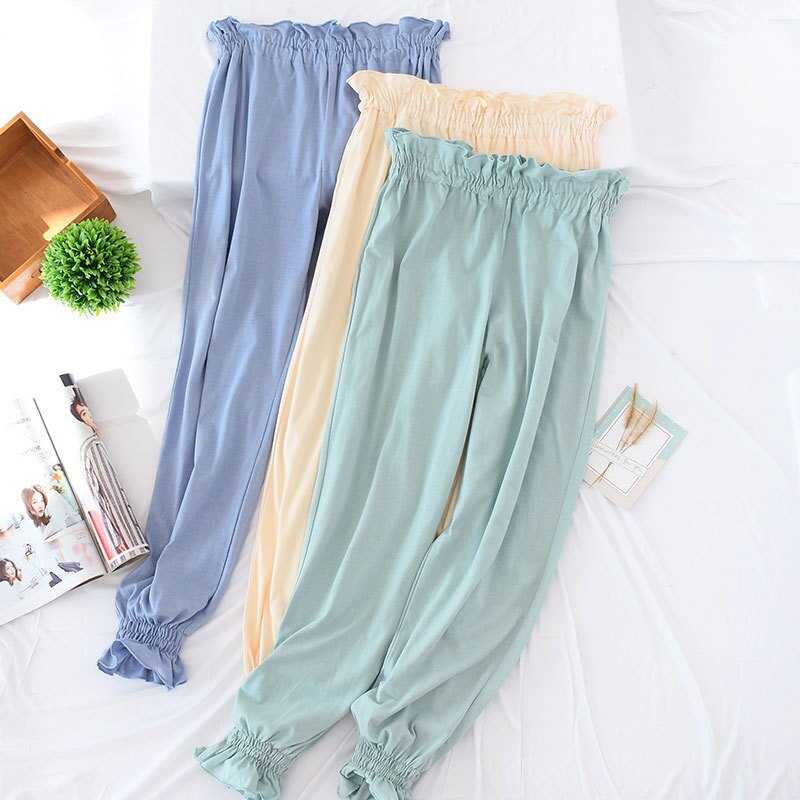 Women&#39;s Loose Pants Sleepwear Trousers Cotton Casual Elastic Waist Ruffle Long Pants Homewear Full Length Women Sleep Bottoms