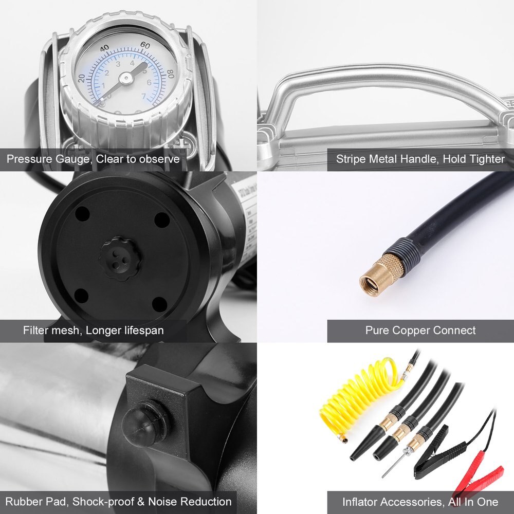 Portable Double Cylinder Air Compressor Tire Inflator High Power 12V DC Pump to 100 Psi With LED Light Thermal