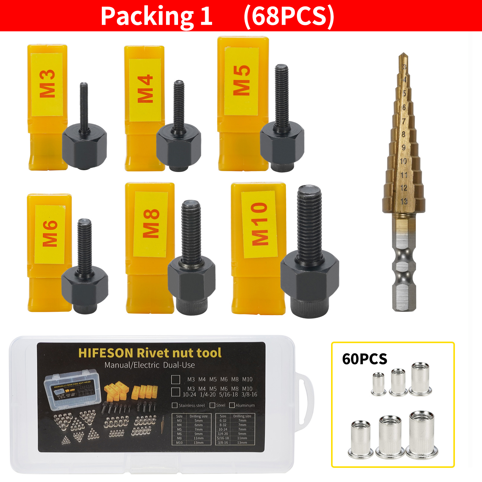 Écrou de tête de pistolet de rivetage manuel en acier inoxydable, outil d&#39;installation Simple, M3 M4 M5 M6 M10 avec 70 / 95 / 300 pièces écrous pince a rivet riveteuse pince rivet riveteuse électrique rivet fileté pinc: Packing 1
