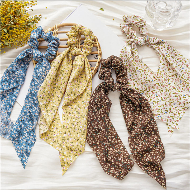 Druck Bogen Satin- Mädchen Elastische Haar Bands Haar Zubehör Lange Band Pferdeschwanz Schal Haar Krawatte Frauen Scrunchies Stirnband