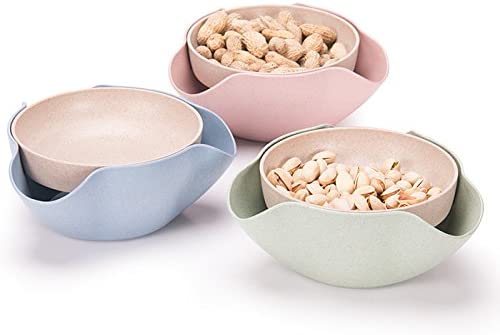 Bol à Snack Double plat rose et bleu pour pistaches, cacahuètes, Edamame, cerises, noix, avec stockage de coquille