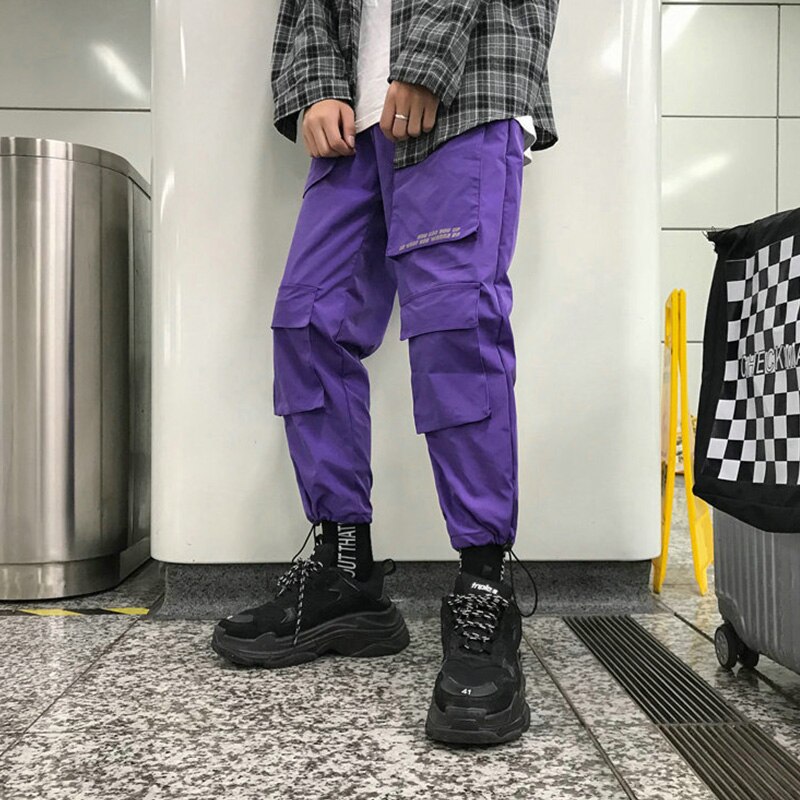 Pantalones Cargo morados para hombre, pantalón holgado de Hip Hop para correr, monos con bolsillos, pantalones de chándal de para estudiantes, ropa de calle coreana para hombre