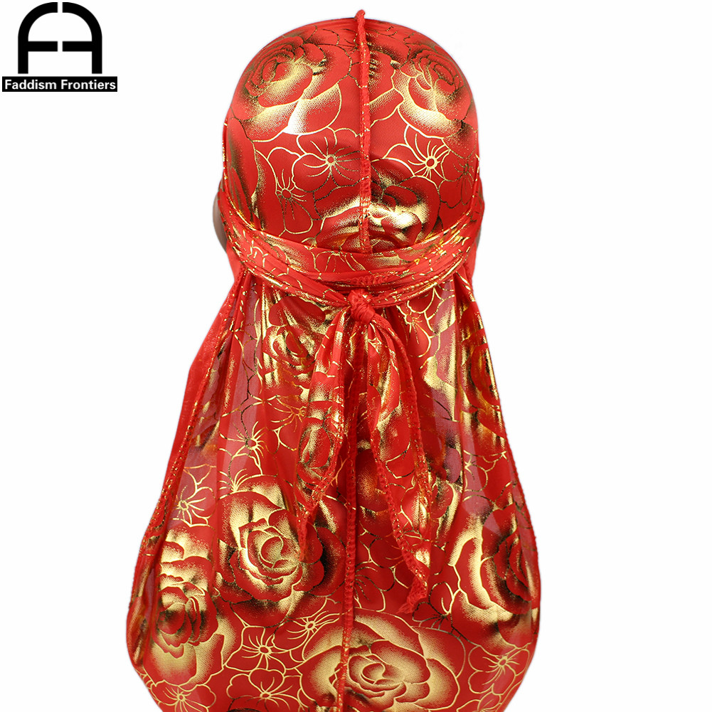 Turbante con estampado personalizado para hombre, Bandanas con estampado de rosas, correas largas de seda, accesorios para el cabello: Rojo