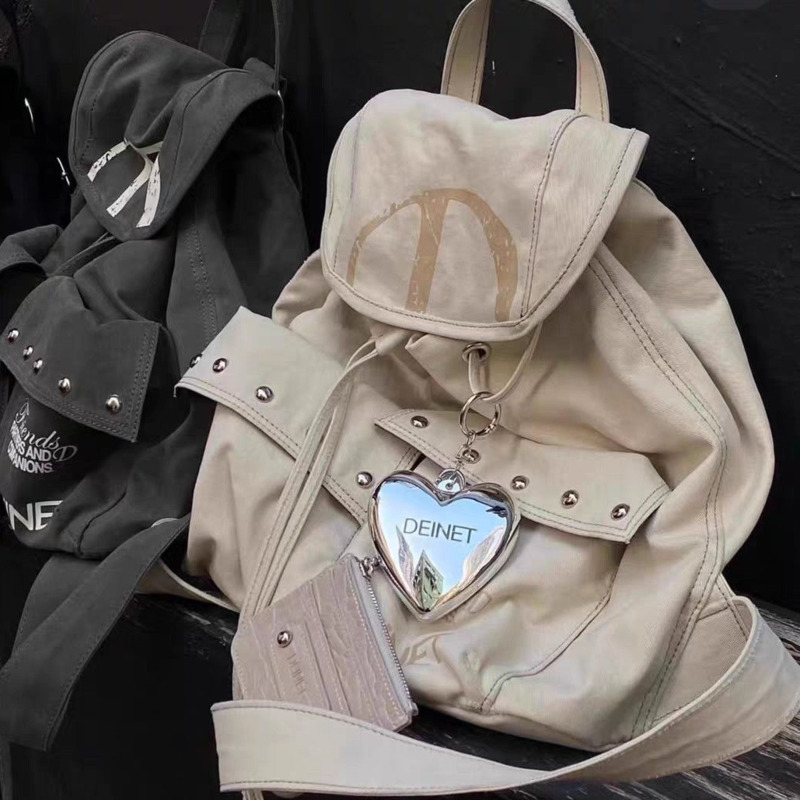 Mochila con cordón de lona con remaches para hombre y mujer, bolso decorativo de gran capacidad, sencillo, informal, Unisex, Y2k, con dos bolsillos