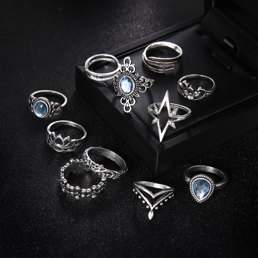 Ensemble d'anneaux d'articulation Vintage pour femmes, bijoux bohémiens, en cristal, plumes de lotus sculptées, 11 pièces