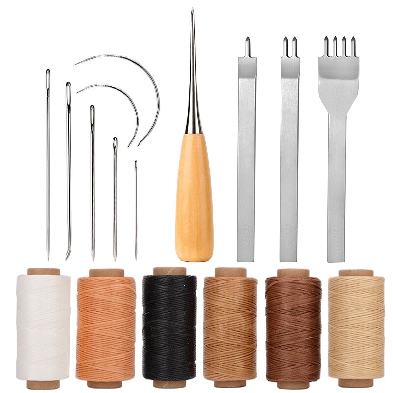 Kit de herramientas de costura de cuero, hilo encerado, tijeras de punzón de cobre para bricolaje, Zapatero de cuero, bolsas, reparación de costuras: C1 Set