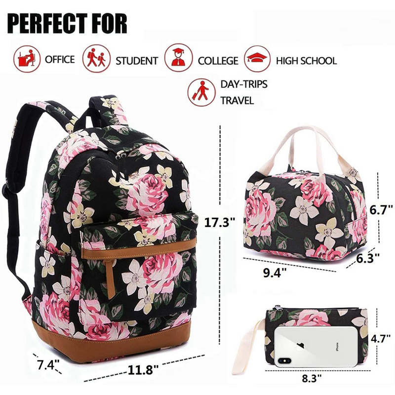 Canvas School backpack Set Lightweight Teen Girls Women Kids School Bags College Bookbag Fits 14 Inch Laptop Bag