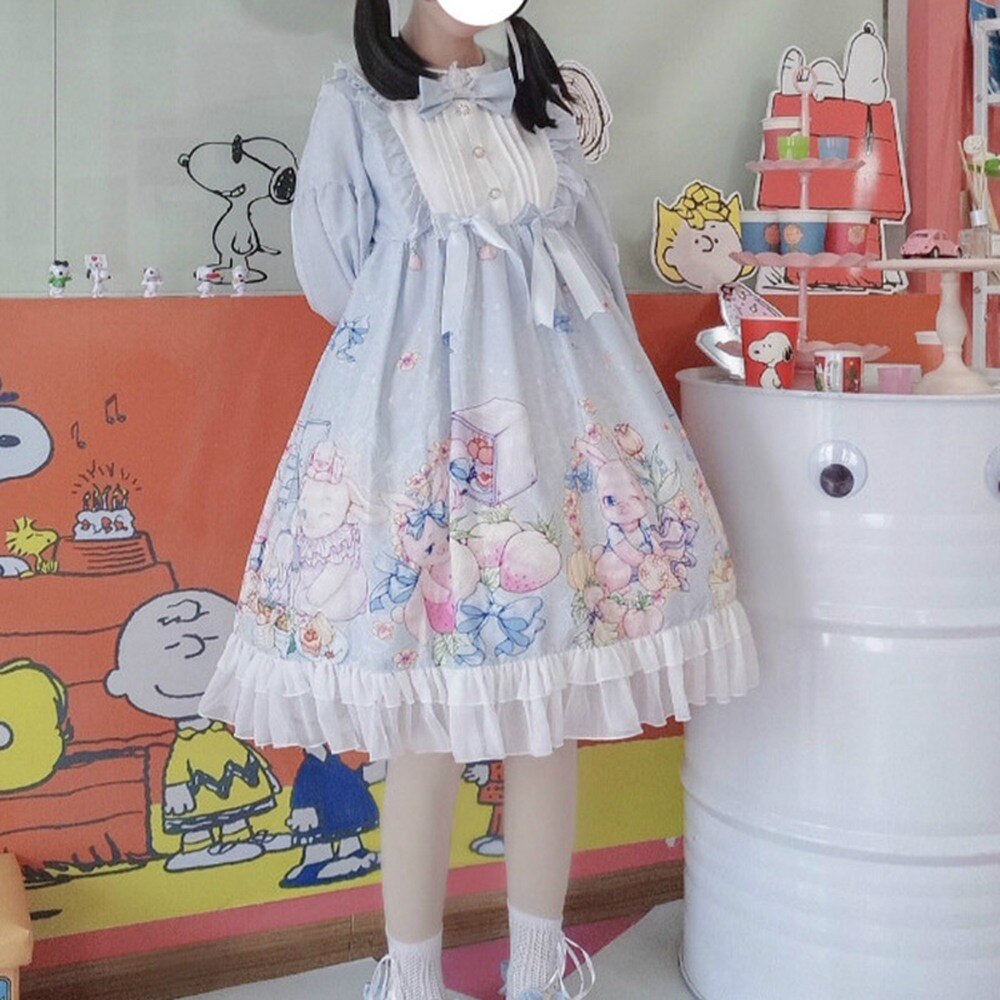 Japonés de chicas vestido Lolita OP vestido sombreros dulce Kawaii lindo vestido-Vestido largo de manga de las mujeres ropa estampada Vestidos AFC536