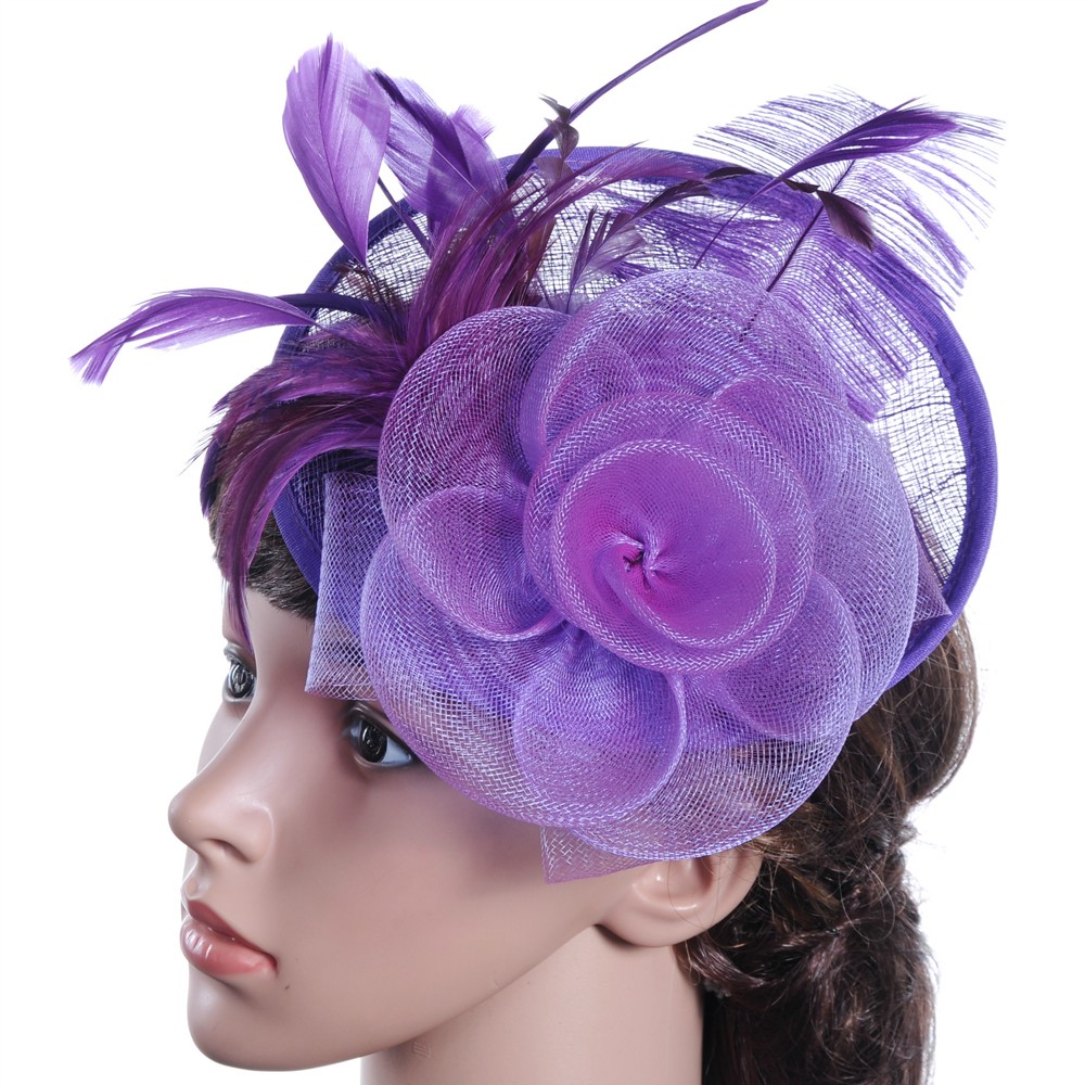 Specielt til dame fest hatte kvinder bryllup fascinator mesh hat bånd fjer fest hat: Lilla