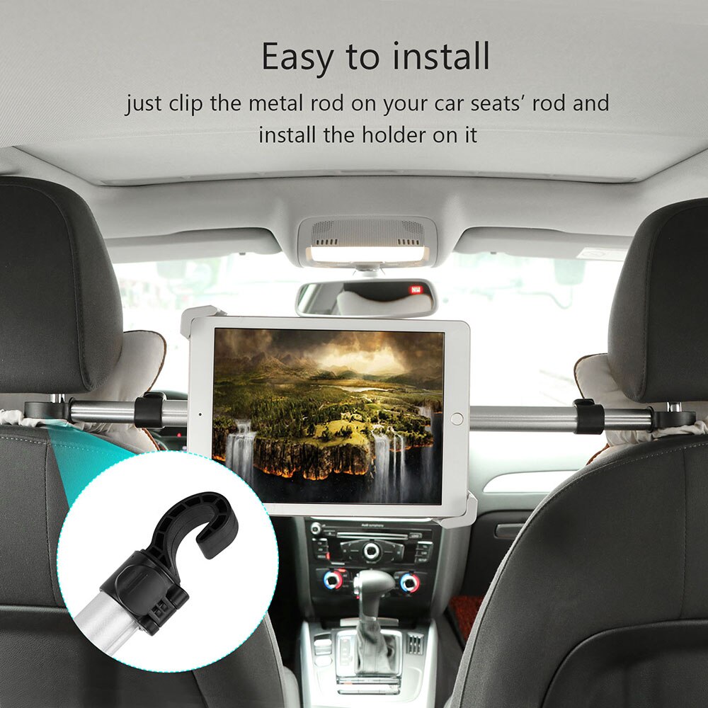 Car Tablet Holder - 7-10.5" Screen - Adjustable Rod 45-69cm - ABS + Aluminum - For iPad, Samsung