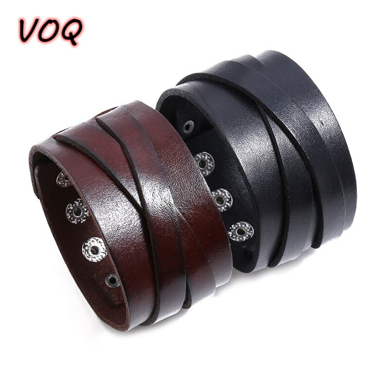 VOQ Cruz Retro-pulsera de cuero genuino para hombre, brazalete ajustable de multicapa, de joyería de lujo
