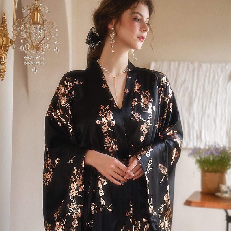 Bata Kimono Burdeos de lujo para mujer, albornoz Sexy con flor bronceadora, ropa de dormir , camisón para novia y boda