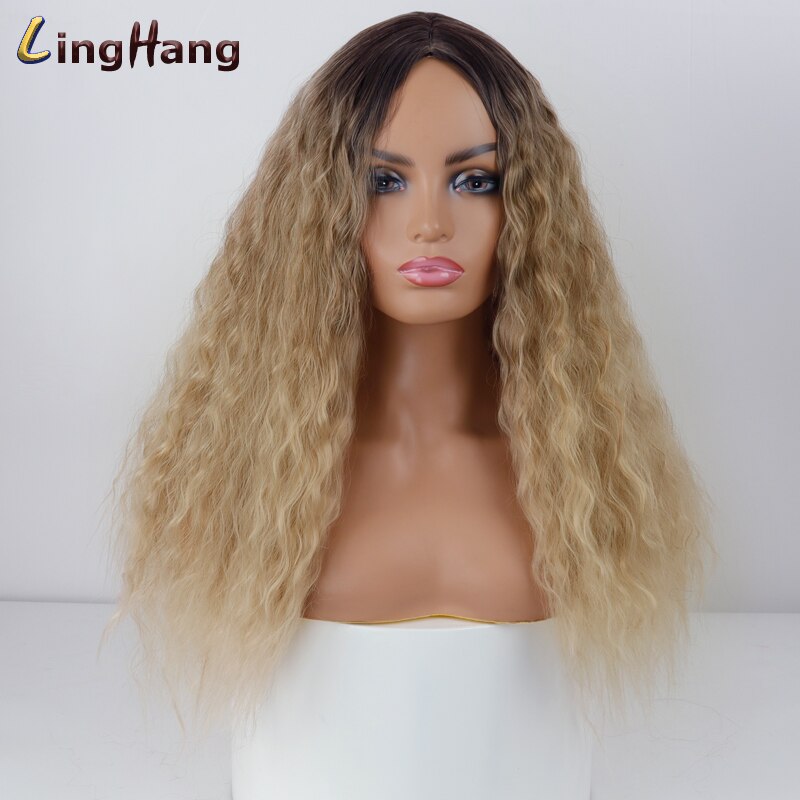 Peluca larga ondulada negra de LingHang, pelucas onduladas sintéticas para mujeres negras, pelucas de parte media Natural, pelo resistente al calor
