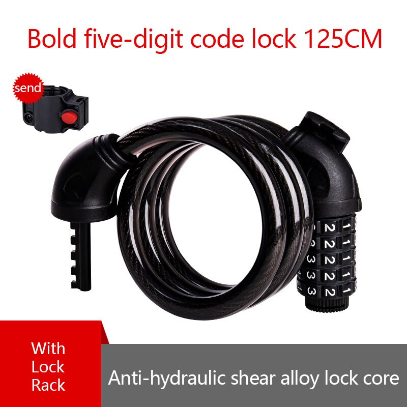 Mountain Bike Bicycle Lock Electric Stainless Steel Password Fixed Portable Anti-Theft Steel Wire Chain Lock: Rough password lock 125cm with lock rack  five digit password
