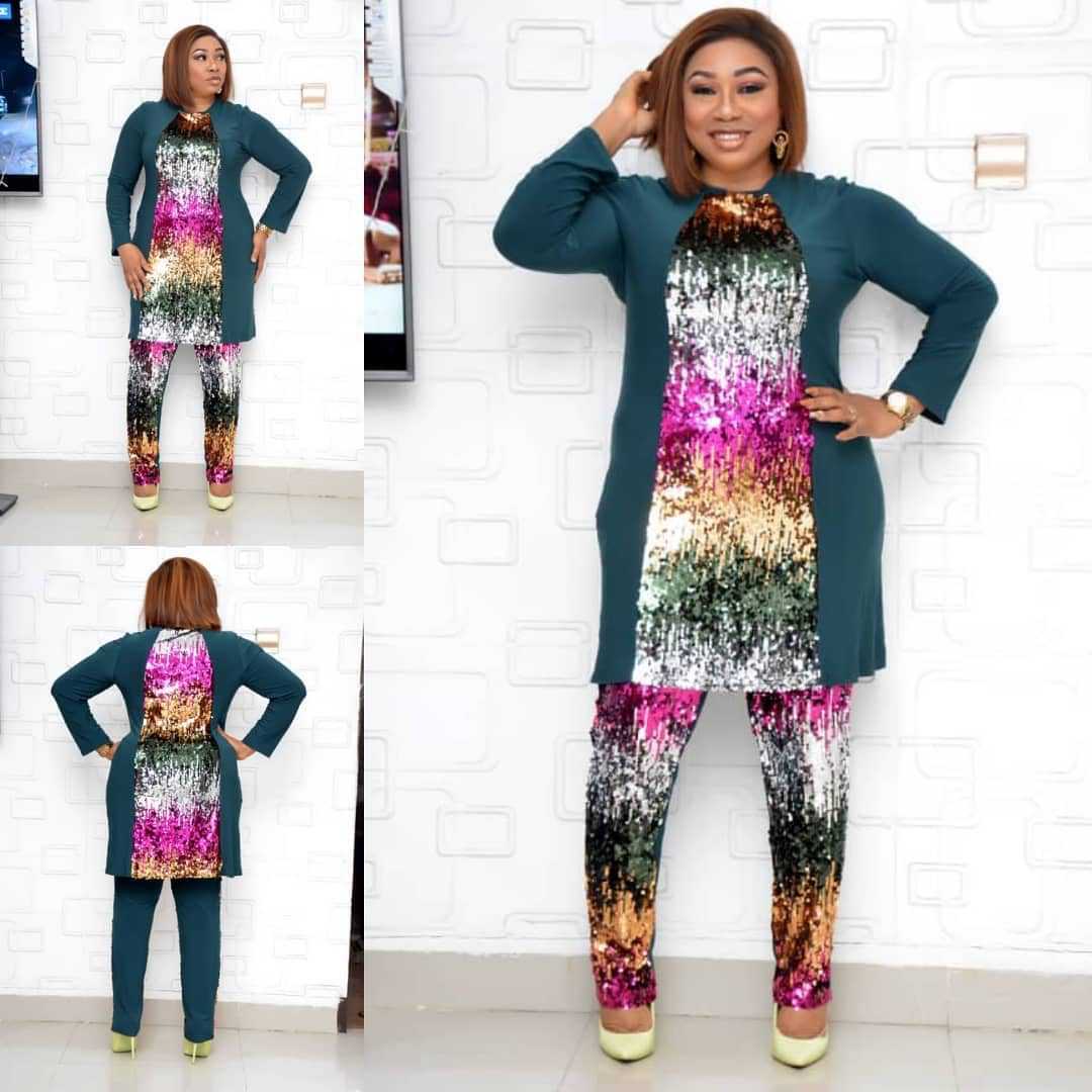 African Sets For Women Sequined African Elastic Bazin Baggy Pants Rock Style Dashiki Long Sleeve Famous Suit For Lady: Green / L