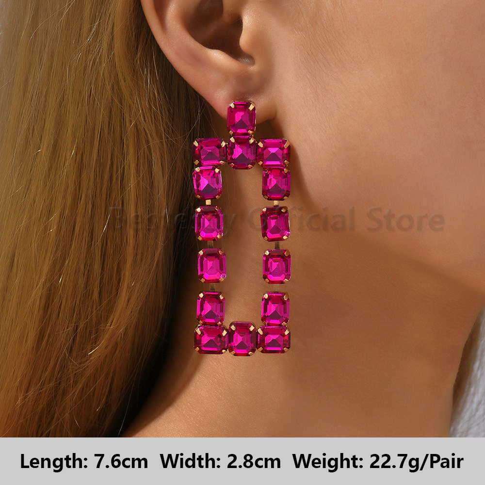 Pendientes colgantes de gota llamativos de diamantes de imitación de color rosa intenso para mujer, colgantes grandes geométricos de de lujo, de joyería para y boda