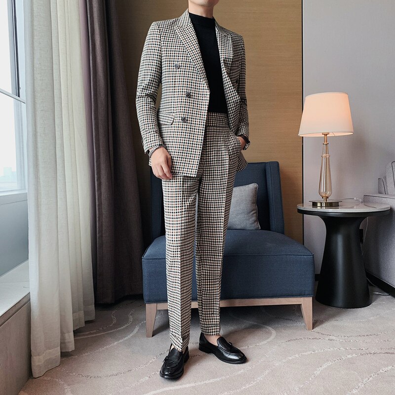 Jacket+Pants Double Breasted Houndstooth Suits Mens Business Formal Wear Slim Fit Wedding Dress Suits Costume Homme 3XL