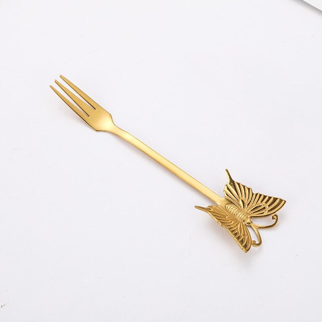 Dessert Cake Fork Stainless Steel Coffee Spoon Butterfly Fruit Fork Milk Shake Spoon Reusable Spoon Smoothie Spoon: Gold-Fork