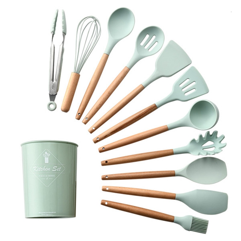 12pcs Kitchen Utensil Set Silicone Cooking Tools Set Household Wooden Koken Gereedschap Met Opbergdoos Turner Cooking Tool Sets