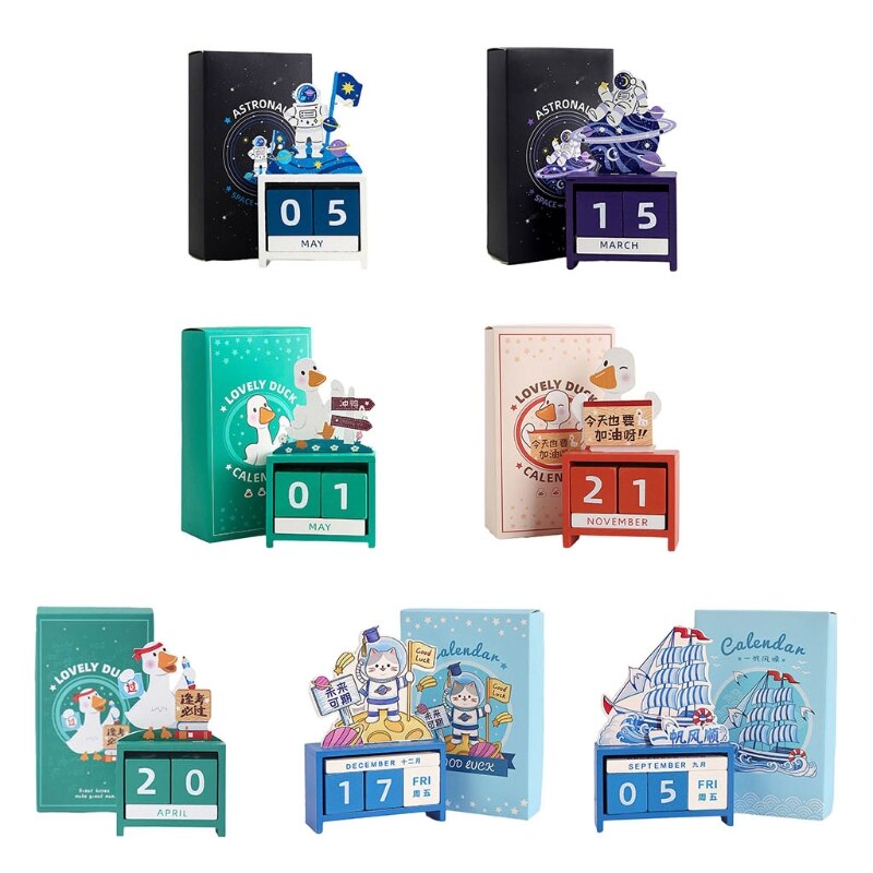 Vintage Wooden Perpetual Desk Calendar Block Planner Permanent Desktop Organizer DIY Agenda