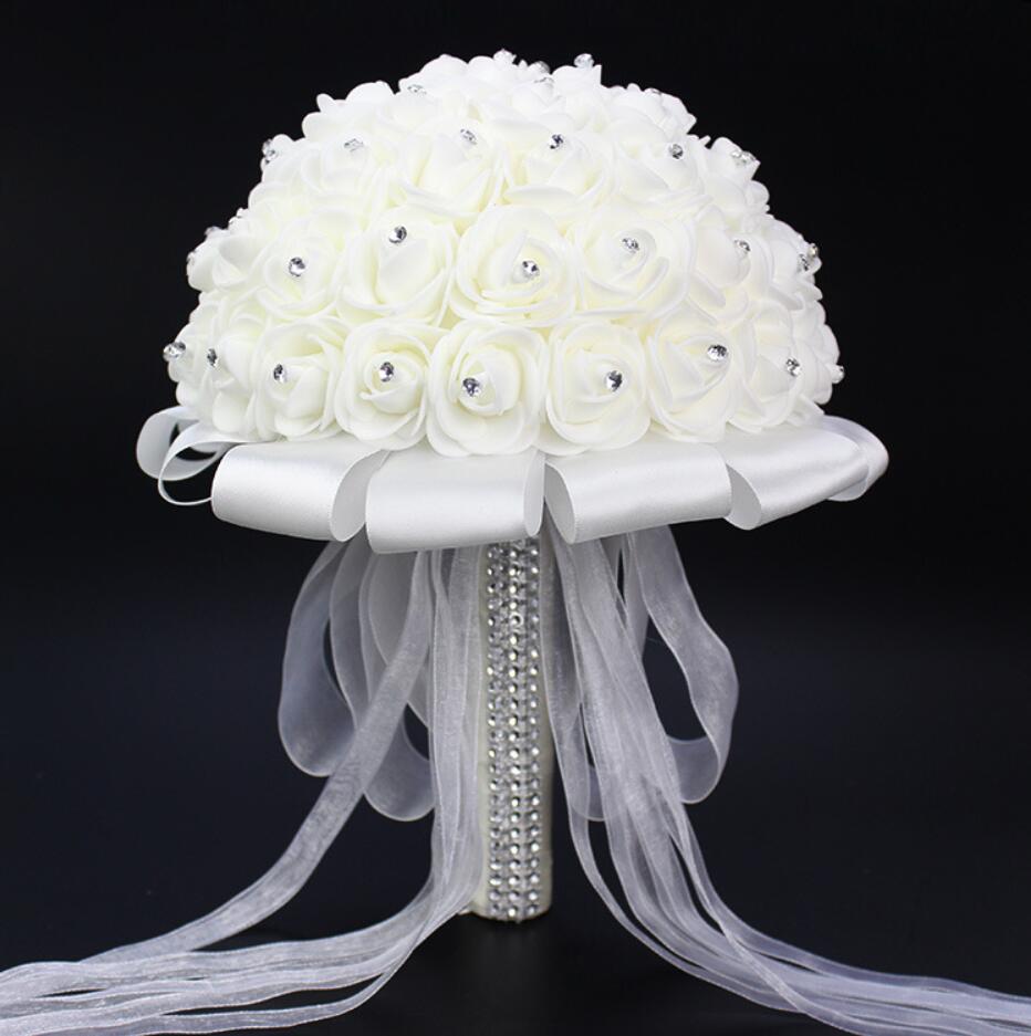 AYiCuthia boeket zijde bloemen Bridesmaid Wedding Foamflowers White Rose Bridal bouquet White Satin Romantic Wedding bouquet S21: Default Title