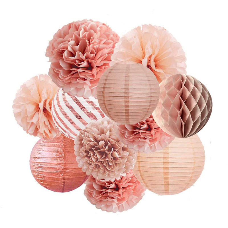 Lanternes rondes chinoises en papier Rose doré, 15 pièces/ensemble, boules de fleurs en papier de soie pour mariage, anniversaire, fête prénatale, décor de mariage: 02 Rose Gold