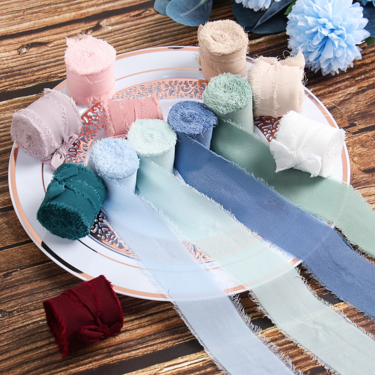 4CM * 5M Nastro di seta chiffon antirughe con bordi sfilacciati fatti a mano per invito a nozze Decorazione da avvolgimento Bouquet da sposa artigianale con frange trasparenti