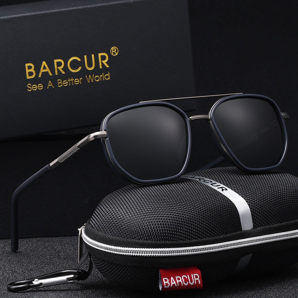 BARCUR Gafas de sol para hombre con montura poligonal, lentes TAC, de rayas gruesas y delicadas, gafas de sol polarizadas para conducir al aire libre UV400: Azul gris