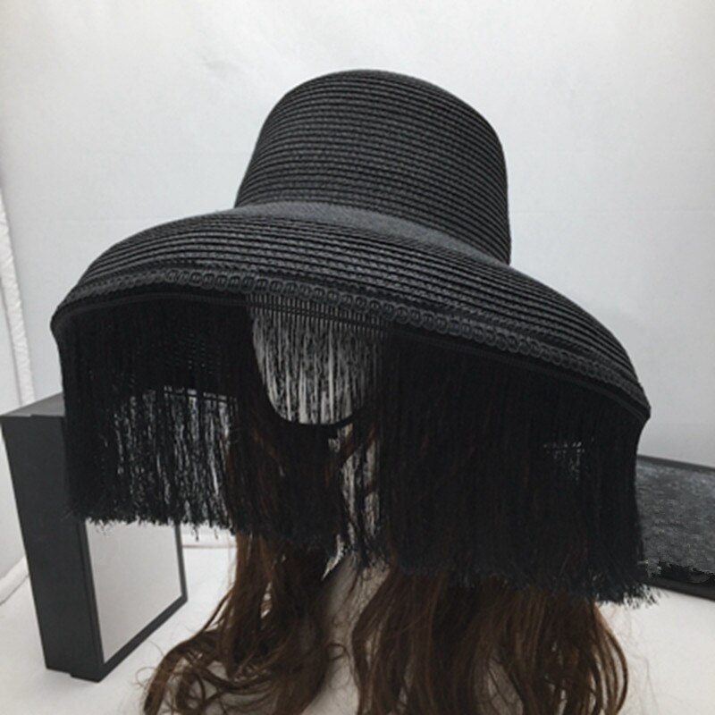 Chapeaux noirs avec pompon pour femmes, grand eaves de scène, petit chapeau de soleil et mystère du visage, spectacle de: black
