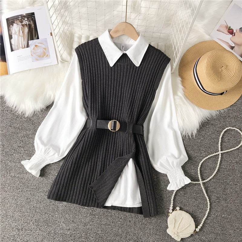 Chemise à manches lanternes pour femmes, gilet tricoté, ensemble deux pièces de style collégien, gilet à la taille, top UK900, printemps-automne