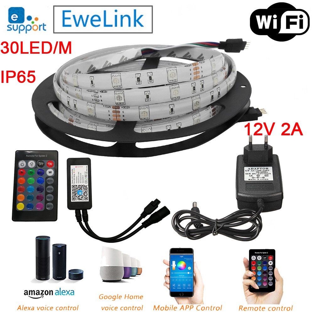 5m 12v 5050 fleksibelt ledet stripe sett rgb bånd  + 24 nøkkel ir fjernkontroll alexa google hjemme stemmekontroll (ewelink app) + strøm: 5m 30 ledet  ip65