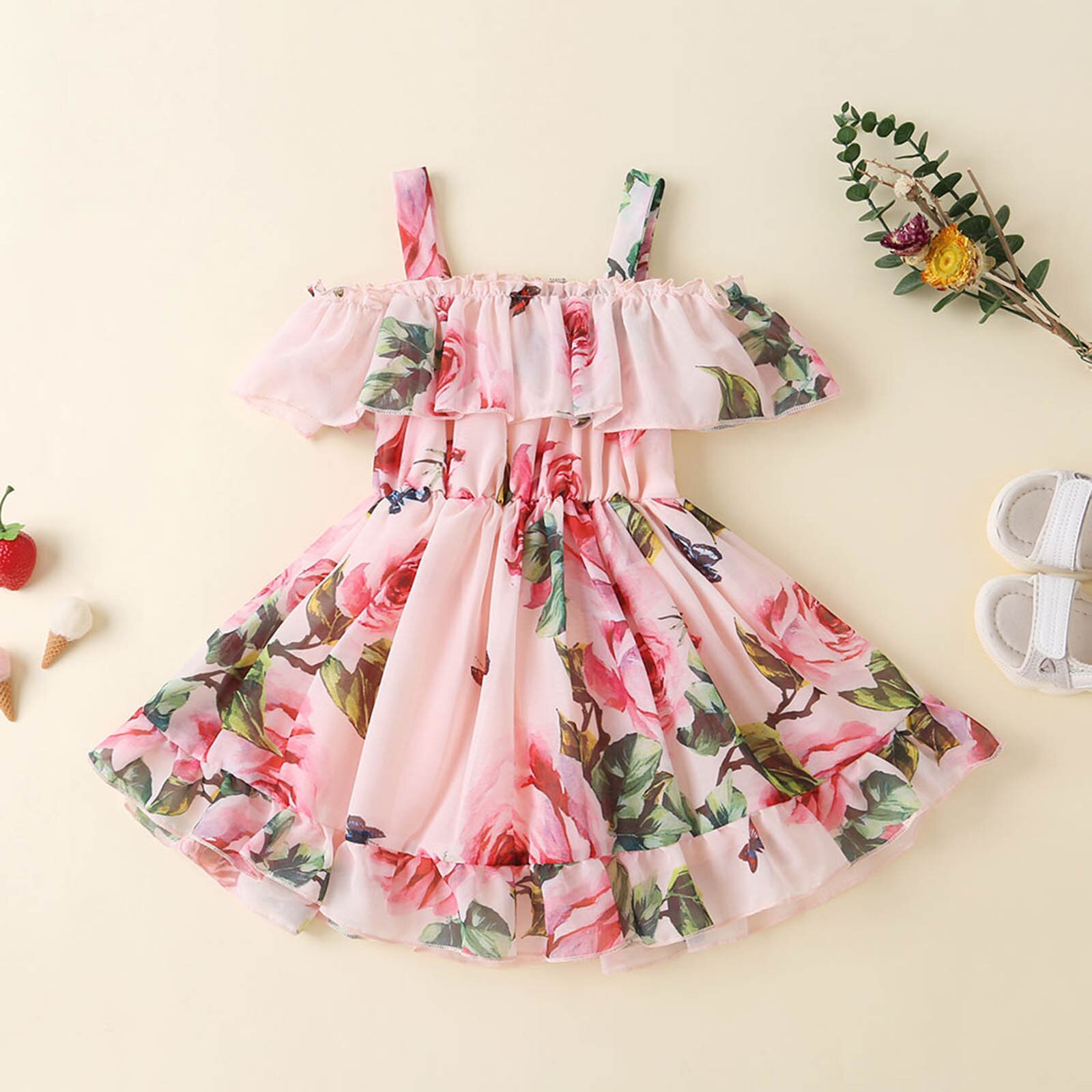Toddler Kids Baby Girls Floral Print Casual Ruffle Slip Dress Party Princess платье для девочки Summer Baby Girl Dress ropa bebe: Pink  / 5-6 Years