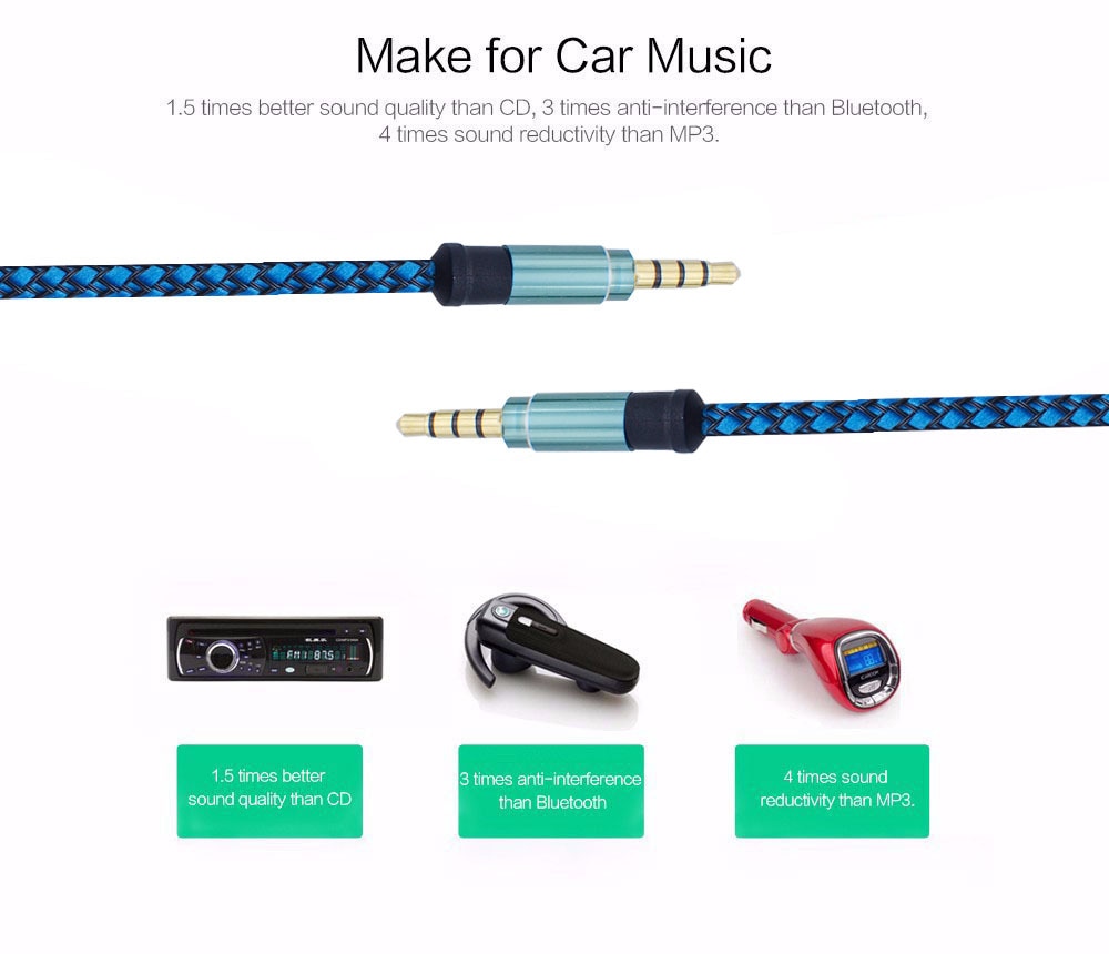 1.5m nylon jack lydkabel 3.5 mm til 3.5mm aux kabel hann til hann kabel gullplugg bil aux ledning til iphone 7 til samsung til bil