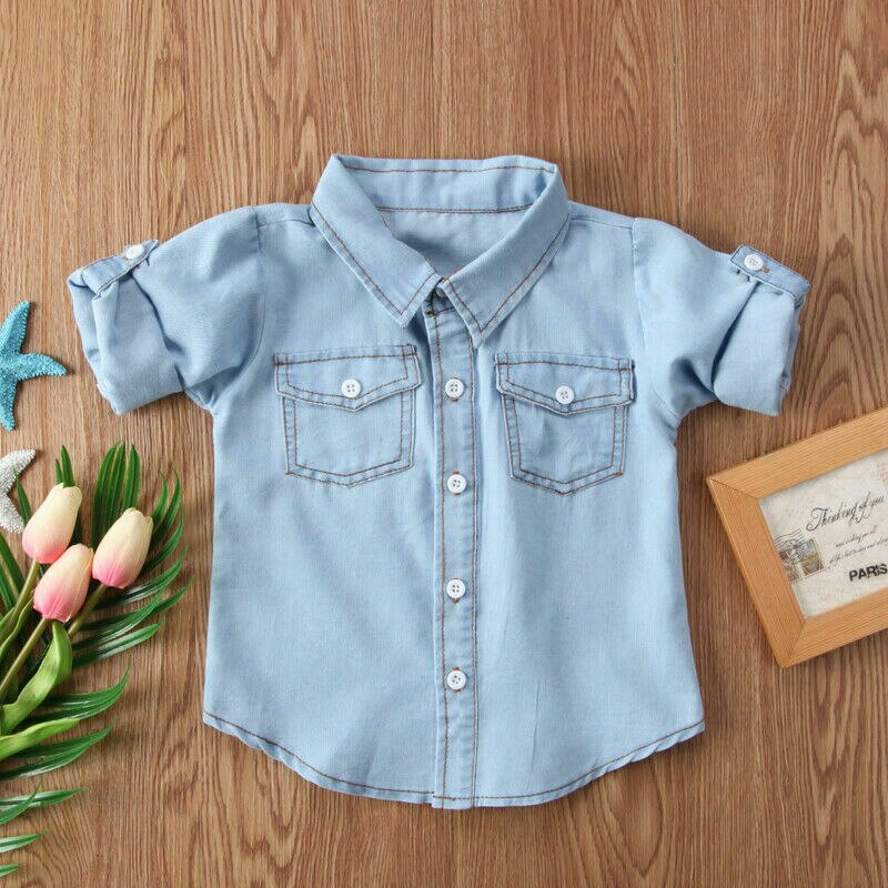 Toddler Infant Child Kids Baby Boys Denim Shirt Long Sleeve Top Clothes Pocket Casual Outfit 1-6T