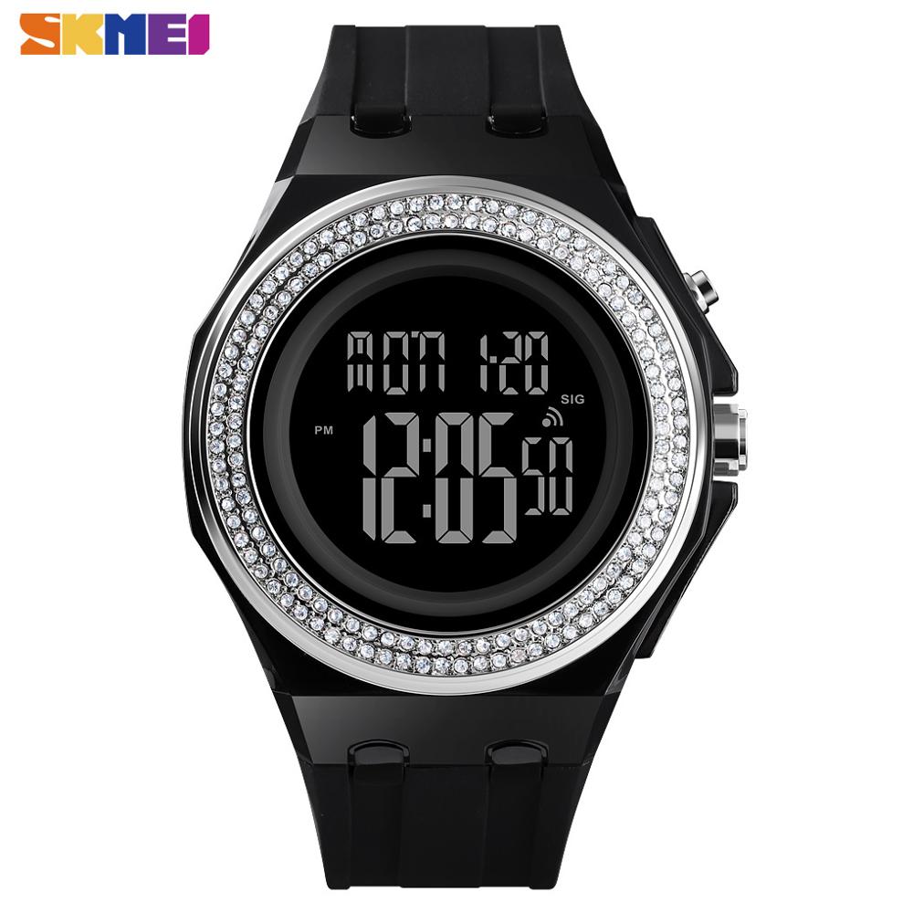 Skmei dreng pige teenager ure led digitalt armbåndsur mænd kvinder diamant gennemsigtig urkasse ur 2 tid reloj 1598: Sort