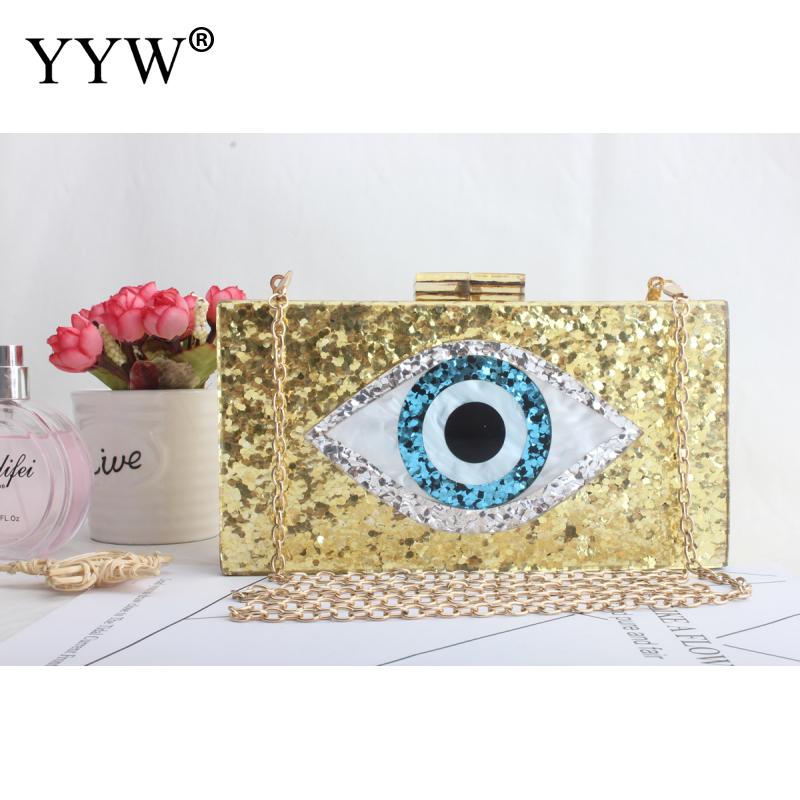 Acryl crossbody tas, dames clutch in de stijl van ogen, zilvergouden pailletten box clutches en handtassen met ketting, schoudertassen: Goud