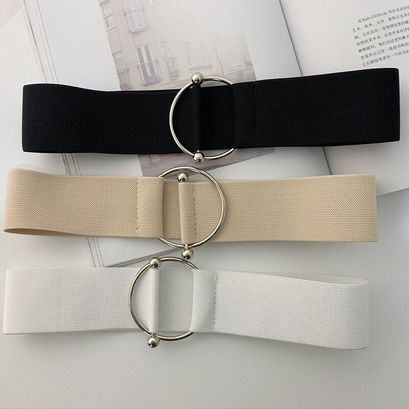 Brede elastische damesriem met effen kleur, accessoires voor jurkriemen, rekbare ronde metalen gespen, dames taillebandaccessoires