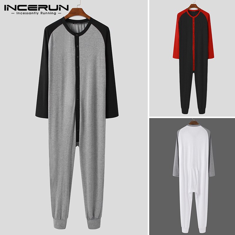 Hommes vêtements de nuit combinaisons INCERUN loisirs Patchwork Onesies homme à manches longues O cou chemise de nuit bouton Up barboteuse Homewear S-5XL