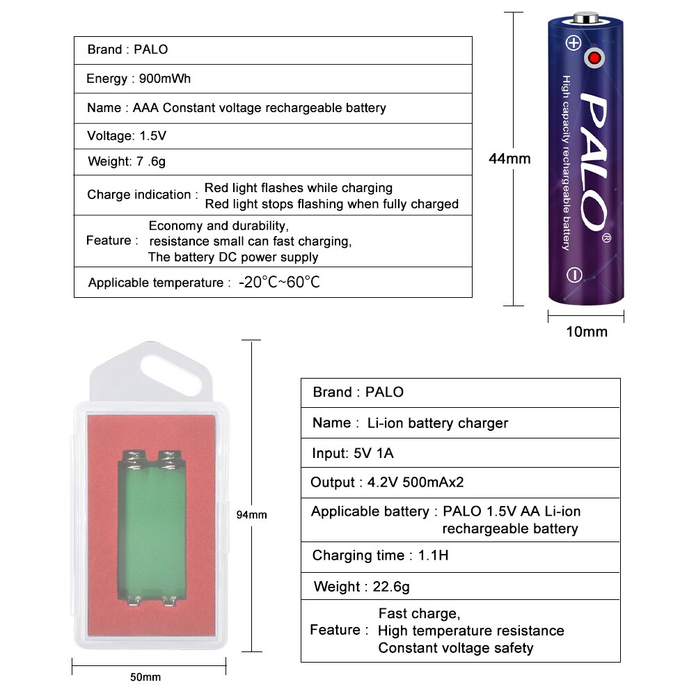 PALO for AAA1.5V battery rechargeable battery 900mah 1.5V lithium-ion aaa rechargeable bateries and case usb charger