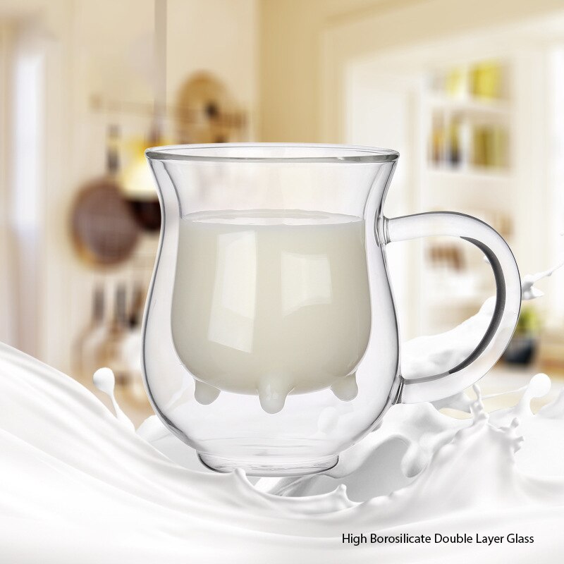 Cute Milk Mug Double Layer Heat-resistant Glass Cow Cups Clear Milk Cup For kids Milk Drink Water Juice Coffee Mugs Container: Milk Cup