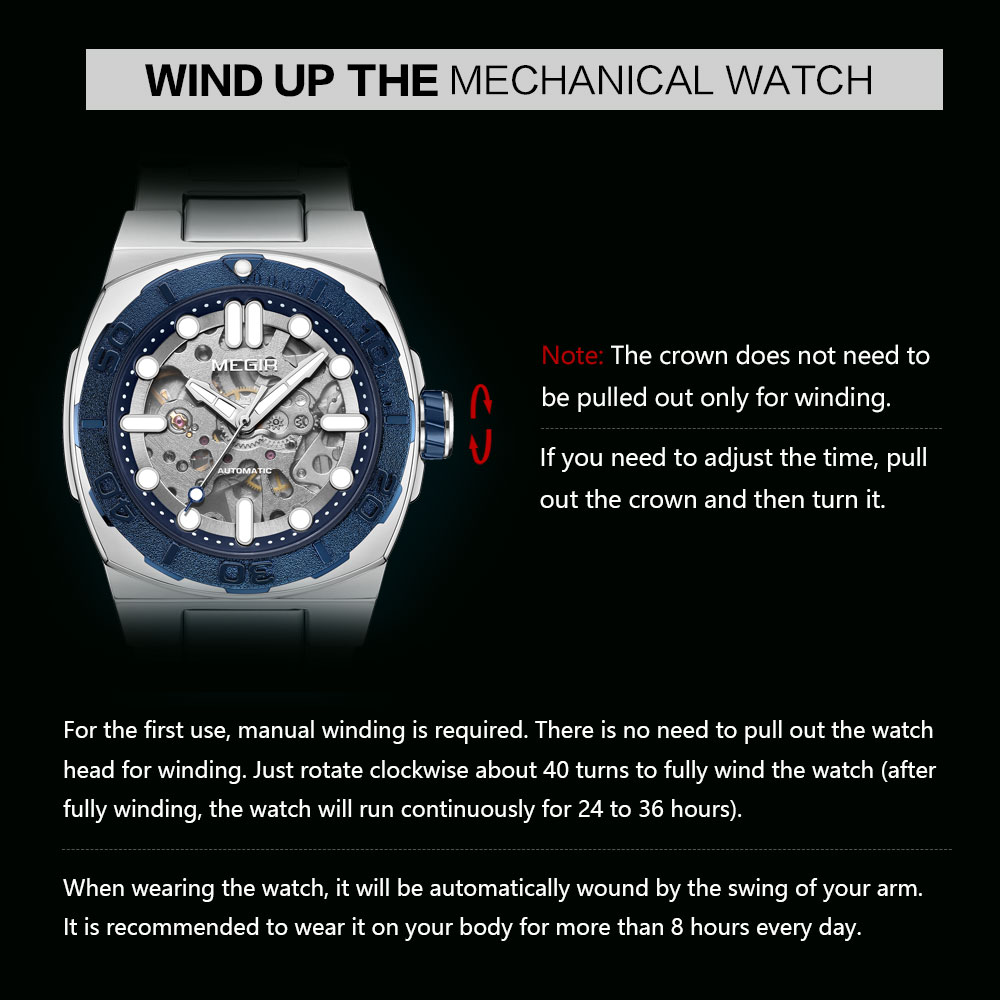 MEGIR Heren Automatisch Mechanisch Horloge - Skeleton Wijzerplaat, Roestvrij Staal Band, 3Bar Waterdicht