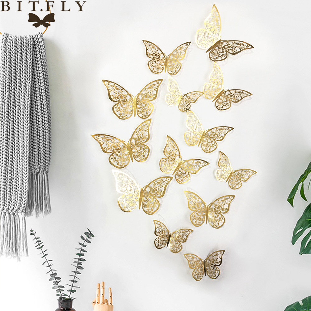 ¡Oferta! 12 unids/set de pegatinas de pared 3D mariposa hueca para decoración de la pared del hogar de las habitaciones de los niños DIY mariposas nevera adhesivos decoración de dormitorio: 3