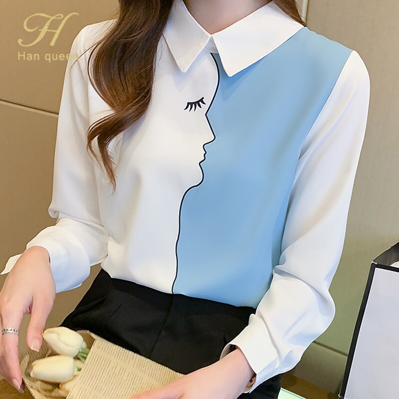 H han queen blusas com costura vintage, blusas femininas elegantes coreanas camisa de escritório manga comprida camisa para mulheres blusa de chiffon