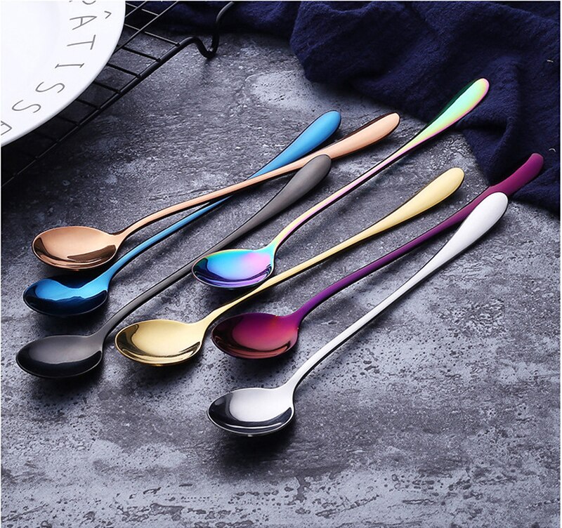 Colorful stainless steel dinner spoons, metal laddle long handle soup spoon, cooking, kitchen table spoon, soup scoop, dinner