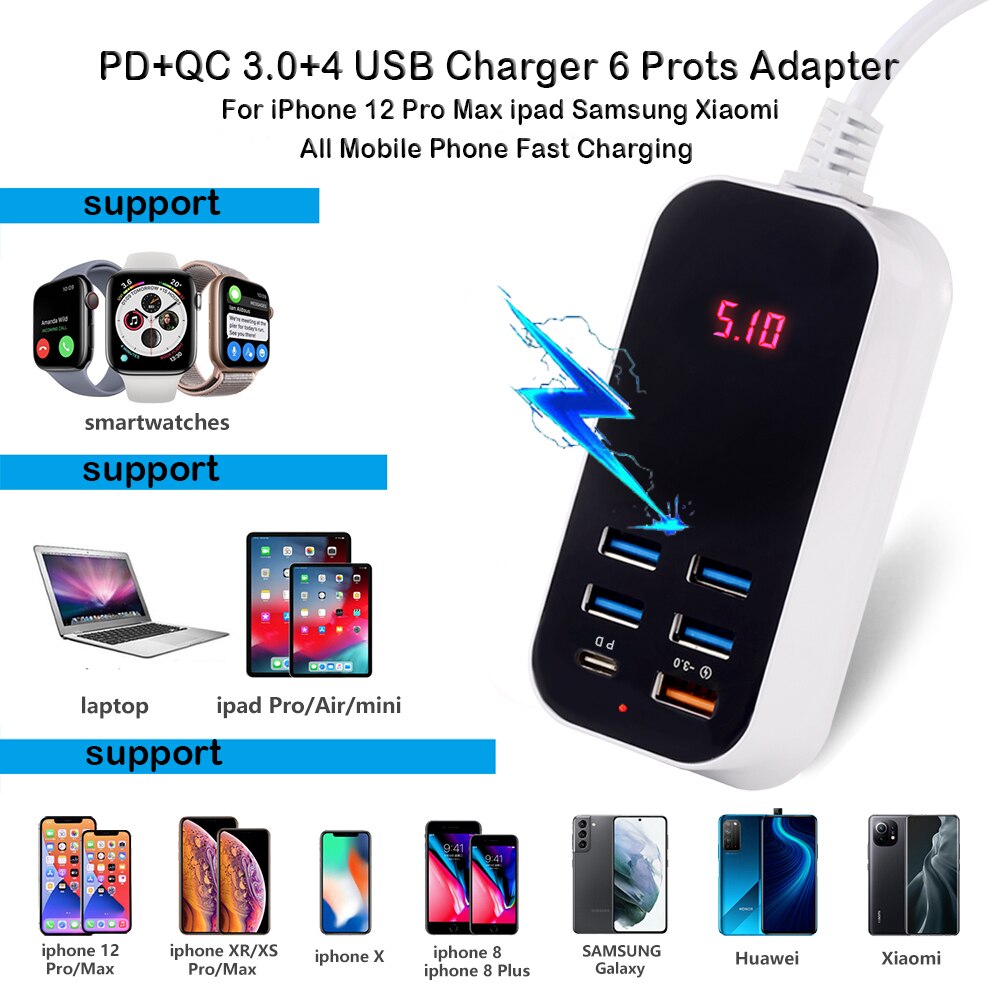 Vários portos pd carregador rápido multi usb carregador de viagem carga rápida qc3.0 adaptador para xiaomi iphone 13 todo o telefone inteligente carregador