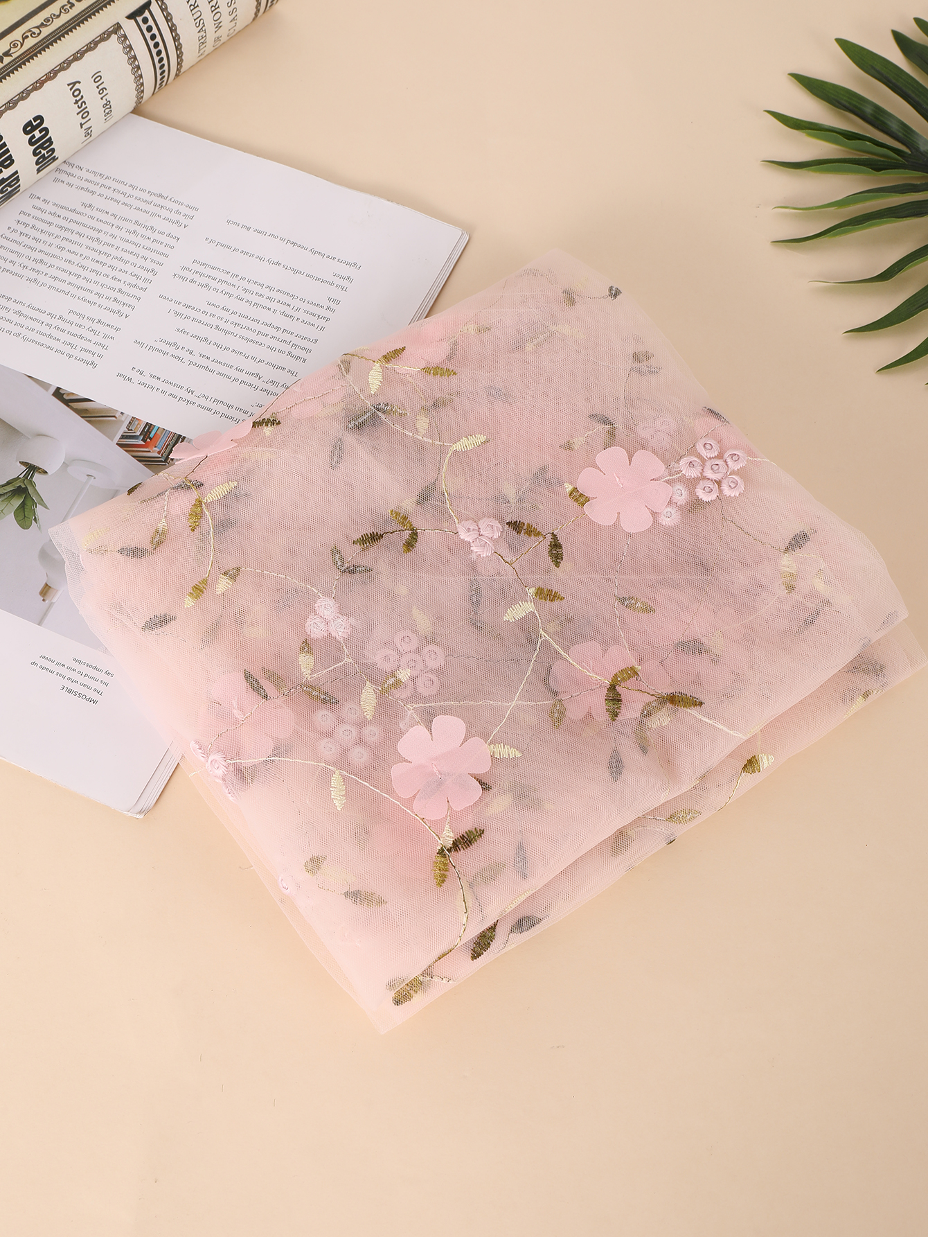 Tulle Fabric Pink Flower Embroidery Mesh Lace Fabric Soft Tulle Lace Fabric for Wedding Party Christmas Decoration