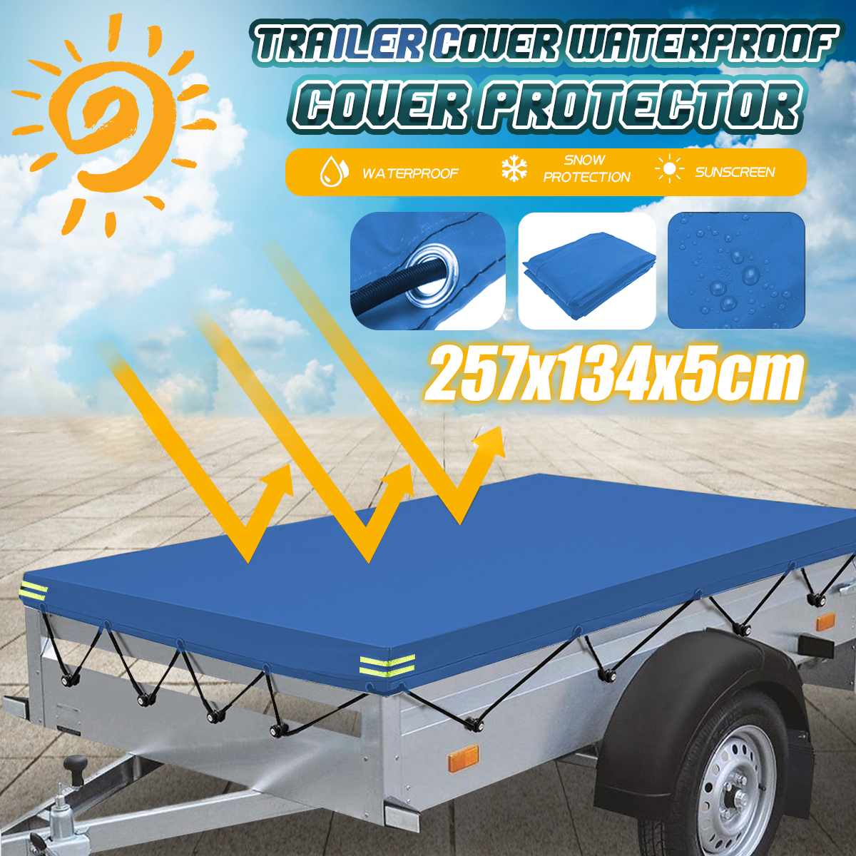 Foldable Trailer Cover Outdoor Travel Camper Waterproof Windproof Dustproof Protective Cover Tarp Canopy with Rope Anti-UV