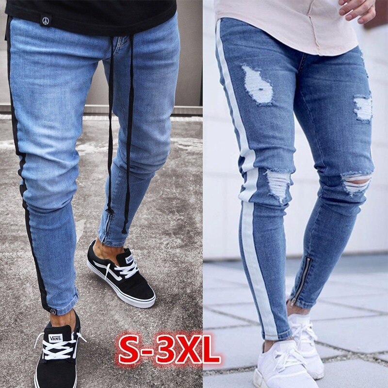 Jean homme avec bande latérale Patchwork déchiré jean en détresse coupe mince homme crayon pantalon pleine longueur Denim hommes vêtements pantalon